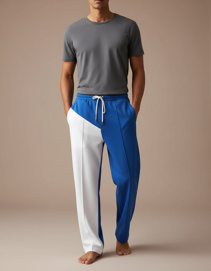 Pantalon Fluide Bicolore Bleu Blanc Ample Décontracté - Multicolore Polyester