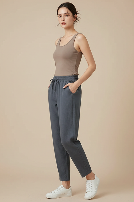 Pantalon Fluide Gris Ample Lin Décontracté Élastique