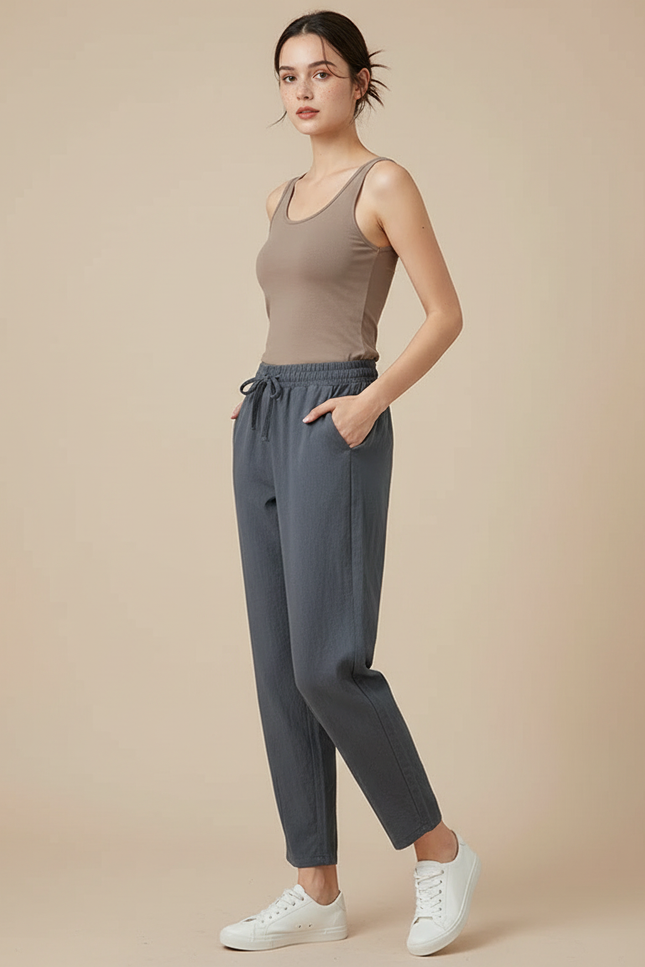 Pantalon Fluide Gris Ample Lin Décontracté Élastique