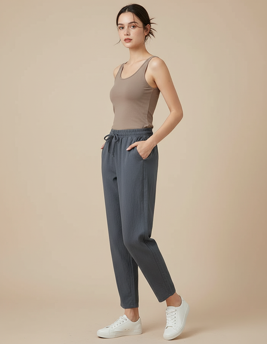 Pantalon Fluide Gris Ample Lin Décontracté Élastique