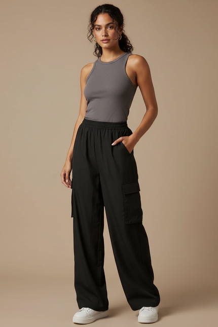 Pantalon Fluide Noir Ample Taille Haute Cargo Femme - Polyester
