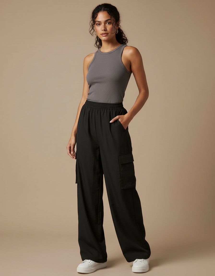 Pantalon Fluide Noir Ample Taille Haute Cargo Femme - Polyester