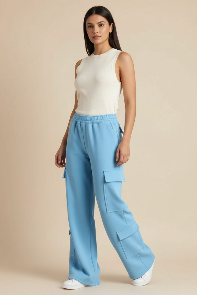 Pantalon Fluide Cargo Bleu Ample Décontracté Femme - Molleton