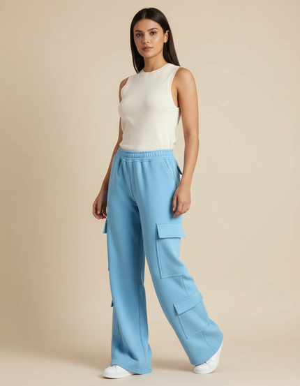 Pantalon Fluide Cargo Bleu Ample Décontracté Femme - Molleton