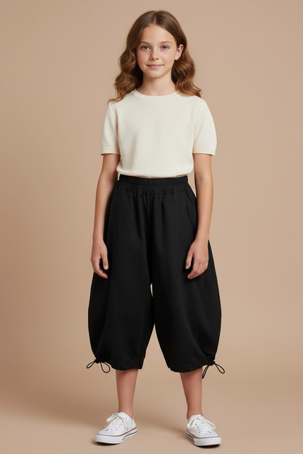 Pantalon Fluide Noir Ample Cordon Décontracté Enfant - Toile