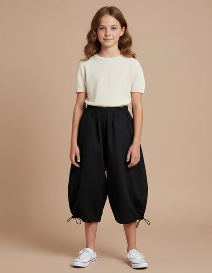 Pantalon Fluide Noir Ample Cordon Décontracté Enfant - Toile