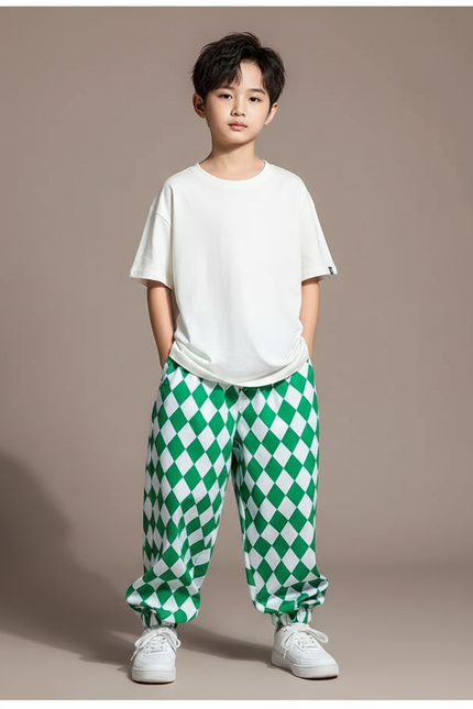 Pantalon Fluide Vert Motif Losanges Ample Enfant - Polyester