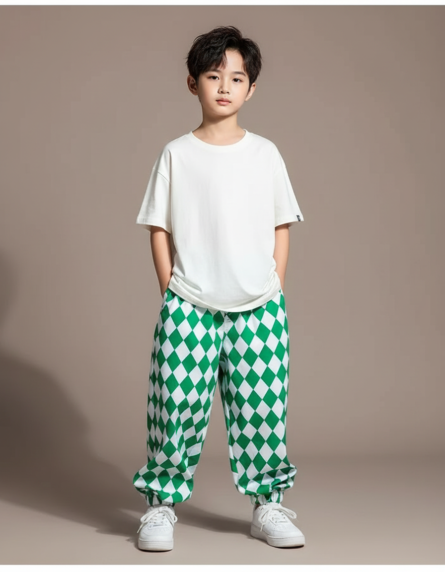 Pantalon Fluide Vert Motif Losanges Ample Enfant - Polyester