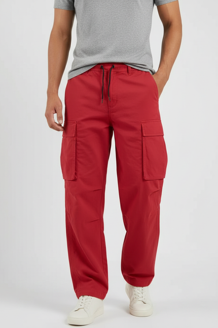 Pantalon Fluide Rouge Cargo Cordon Décontracté Homme - Toile