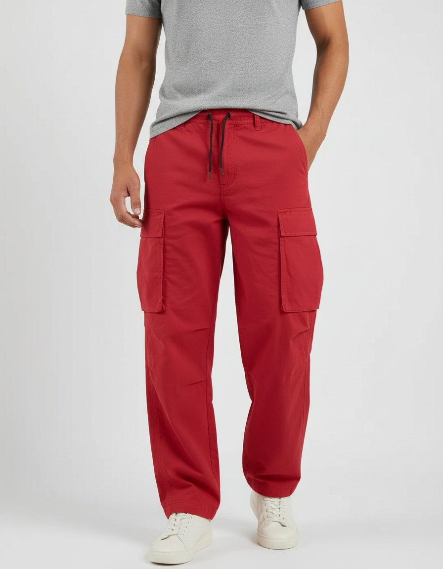 Pantalon Fluide Rouge Cargo Cordon Décontracté Homme - Toile
