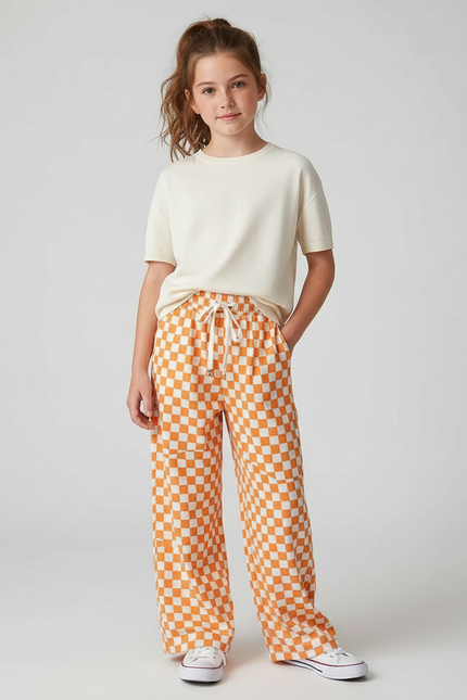 Pantalon Fluide Carreaux Orange Ample Décontracté Enfant - Imprimé Molleton