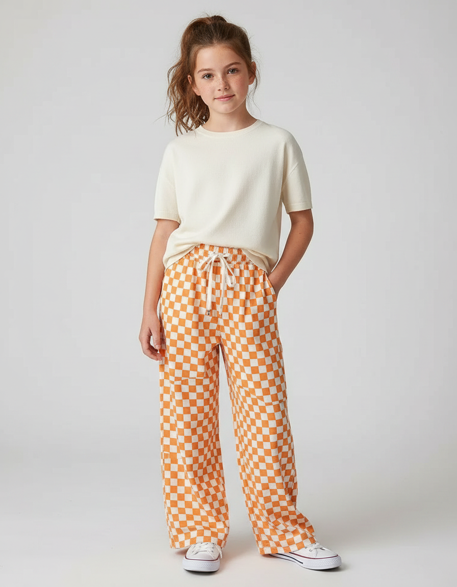 Pantalon Fluide Carreaux Orange Ample Décontracté Enfant - Imprimé Molleton