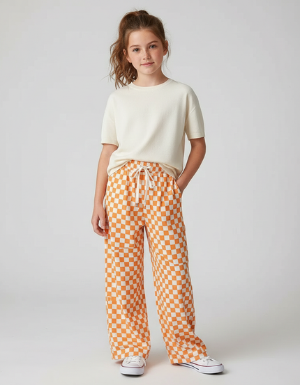 Pantalon Fluide Carreaux Orange Ample Décontracté Enfant - Imprimé Molleton