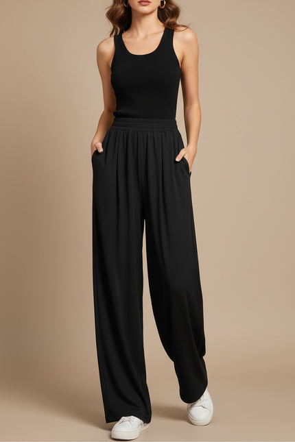 Pantalon Fluide Noir Ample Taille Haute Drapé Décontracté - Viscose