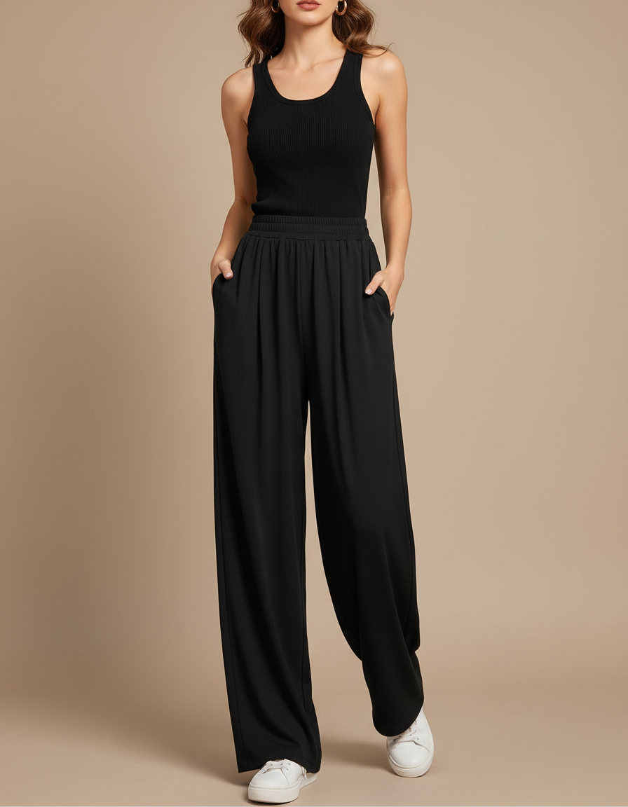 Pantalon Fluide Noir Ample Taille Haute Drapé Décontracté - Viscose
