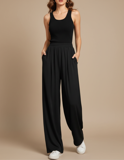 Pantalon Fluide Noir Ample Taille Haute Drapé Décontracté - Viscose