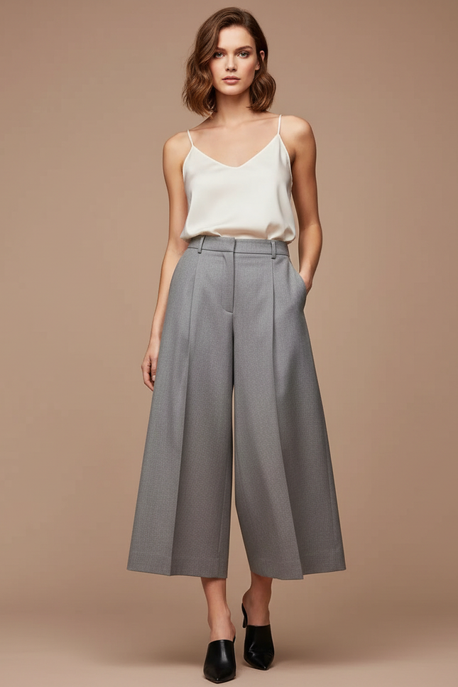 Pantalon Fluide Gris Ample Taille Haute Femme - Gabardine