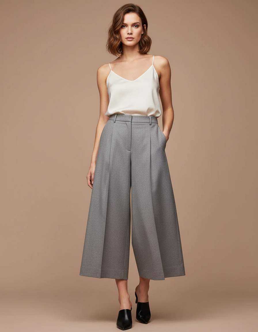 Pantalon Fluide Gris Ample Taille Haute Femme - Gabardine