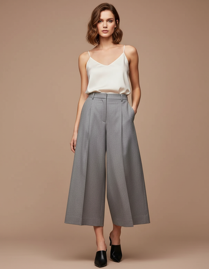 Pantalon Fluide Gris Ample Taille Haute Femme - Gabardine