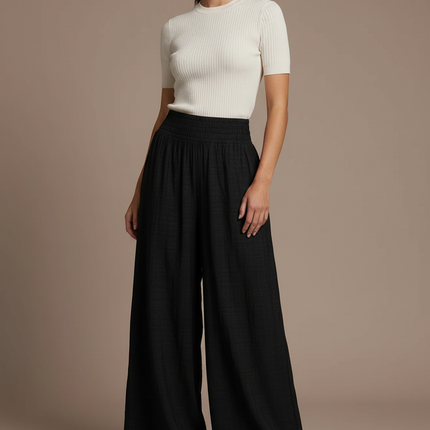 Pantalon Fluide Noir Ample Taille Haute Confortable Plissé - Viscose