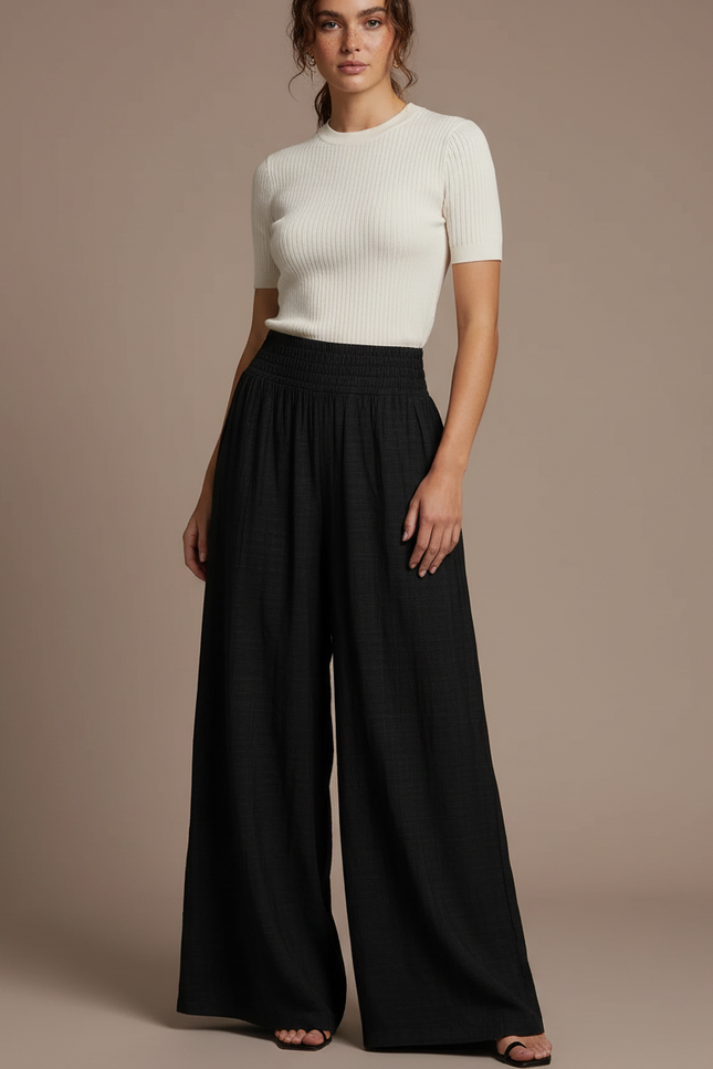 Pantalon Fluide Noir Ample Taille Haute Confortable Plissé - Viscose