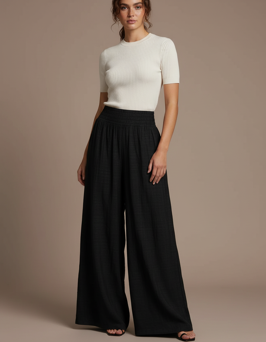 Pantalon Fluide Noir Ample Taille Haute Confortable Plissé - Viscose