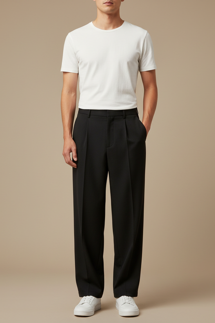 Pantalon Fluide Noir Ample Plissé Homme Décontracté - Polyester