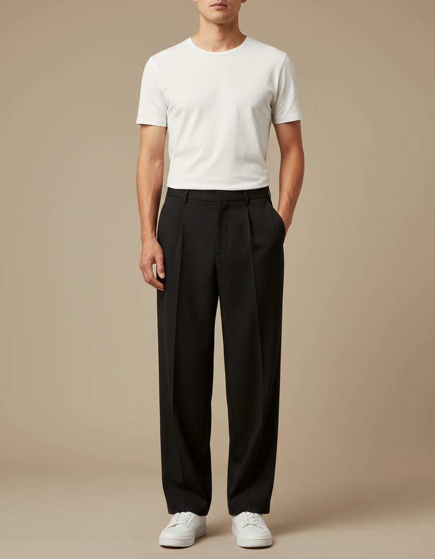 Pantalon Fluide Noir Ample Plissé Homme Décontracté - Polyester