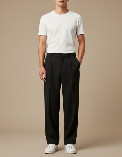 Pantalon Fluide Noir Ample Plissé Homme Décontracté - Polyester
