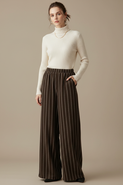 Pantalon Fluide Marron Rayé Ample Taille Haute Élégant - Laine