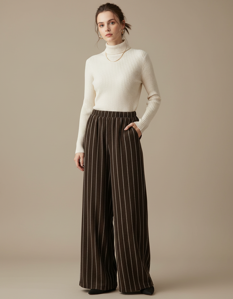 Pantalon Fluide Marron Rayé Ample Taille Haute Élégant - Laine
