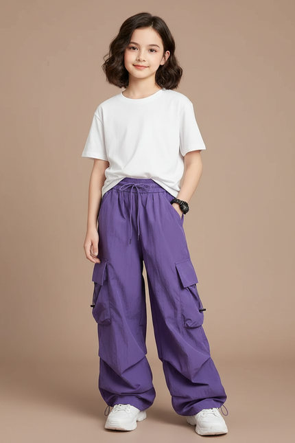 Pantalon Fluide Violet Cargo Ample Décontracté Fille - Polyester