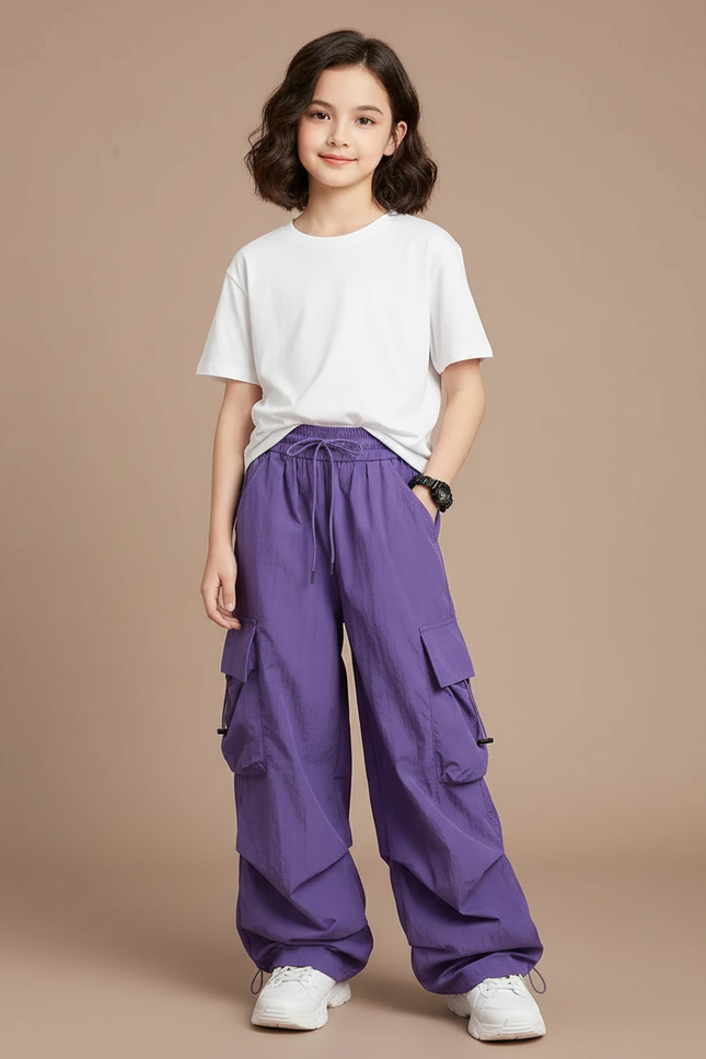 Pantalon Fluide Violet Cargo Ample Décontracté Fille - Polyester