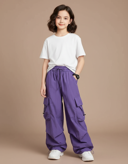 Pantalon Fluide Violet Cargo Ample Décontracté Fille - Polyester