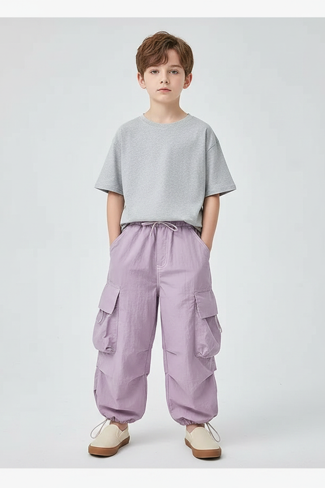 Pantalon Fluide Violet Cargo Ample Enfant Streetwear - Polyester