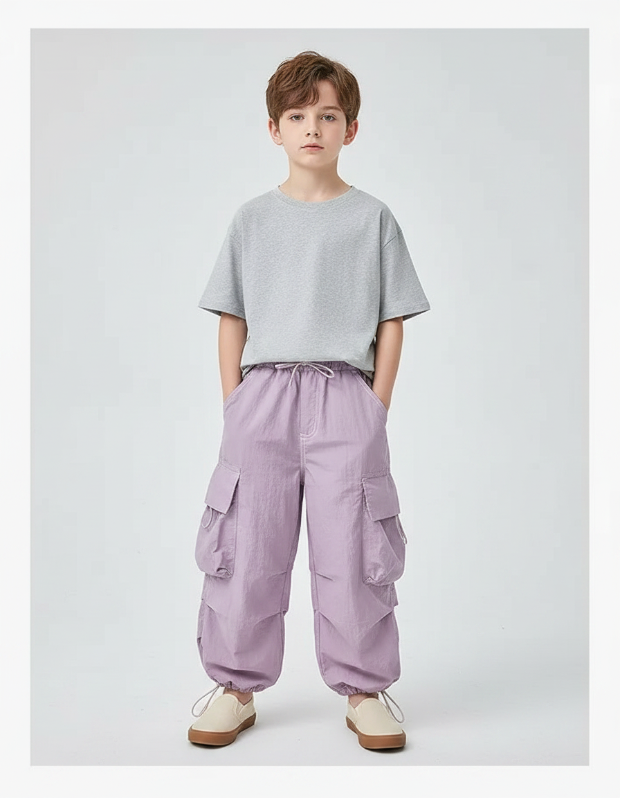 Pantalon Fluide Violet Cargo Ample Enfant Streetwear - Polyester