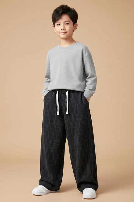 Pantalon Fluide Noir Ample Motif Géométrique Enfant - Molleton