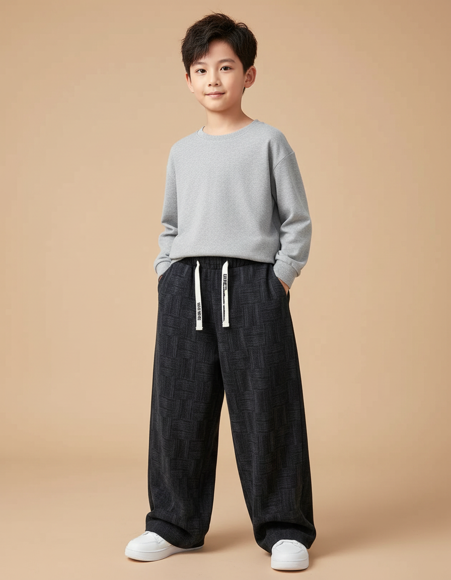 Pantalon Fluide Noir Ample Motif Géométrique Enfant - Molleton