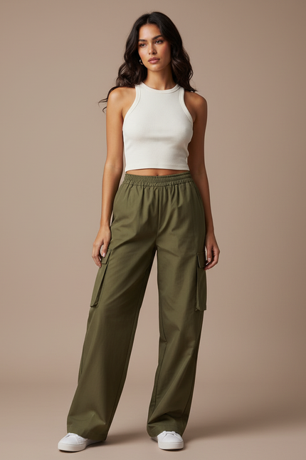Pantalon Fluide Kaki Ample Taille Haute Cargo - Toile