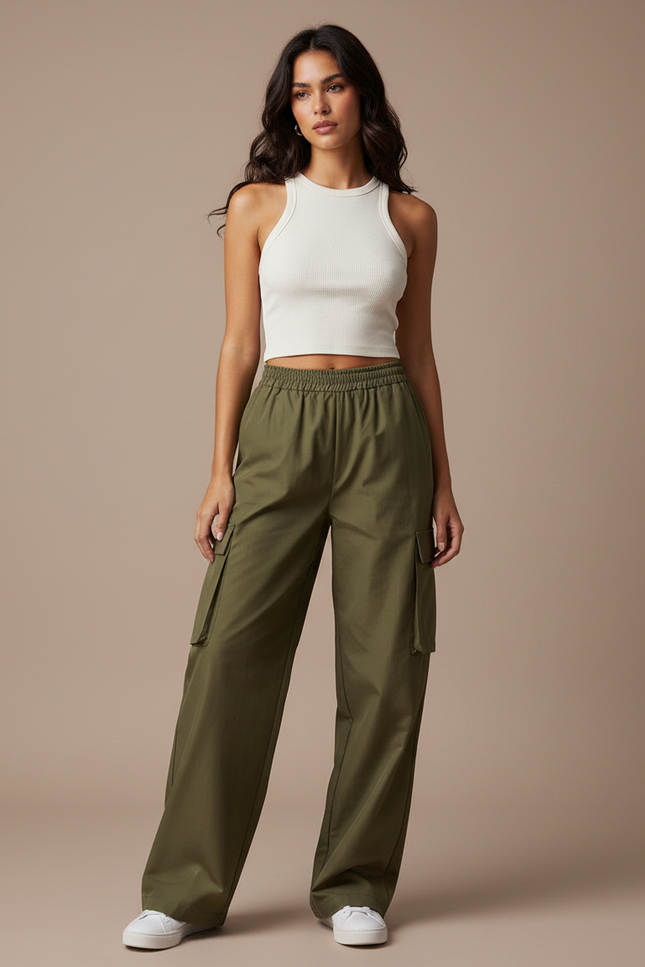 Pantalon Fluide Kaki Ample Taille Haute Cargo - Toile