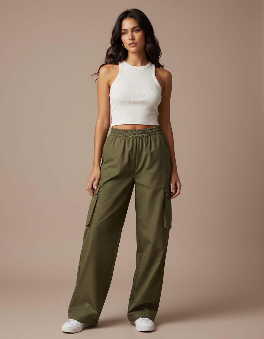 Pantalon Fluide Kaki Ample Taille Haute Cargo - Toile