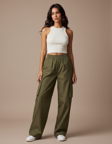 Pantalon Fluide Kaki Ample Taille Haute Cargo - Toile