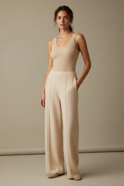 Pantalon Fluide Beige Maille Ample Taille Haute Femme