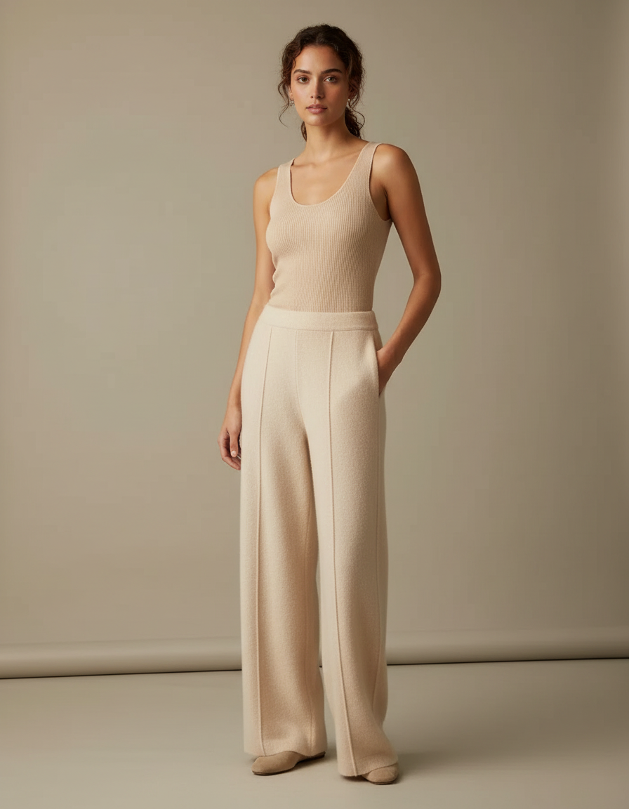 Pantalon Fluide Beige Maille Ample Taille Haute Femme