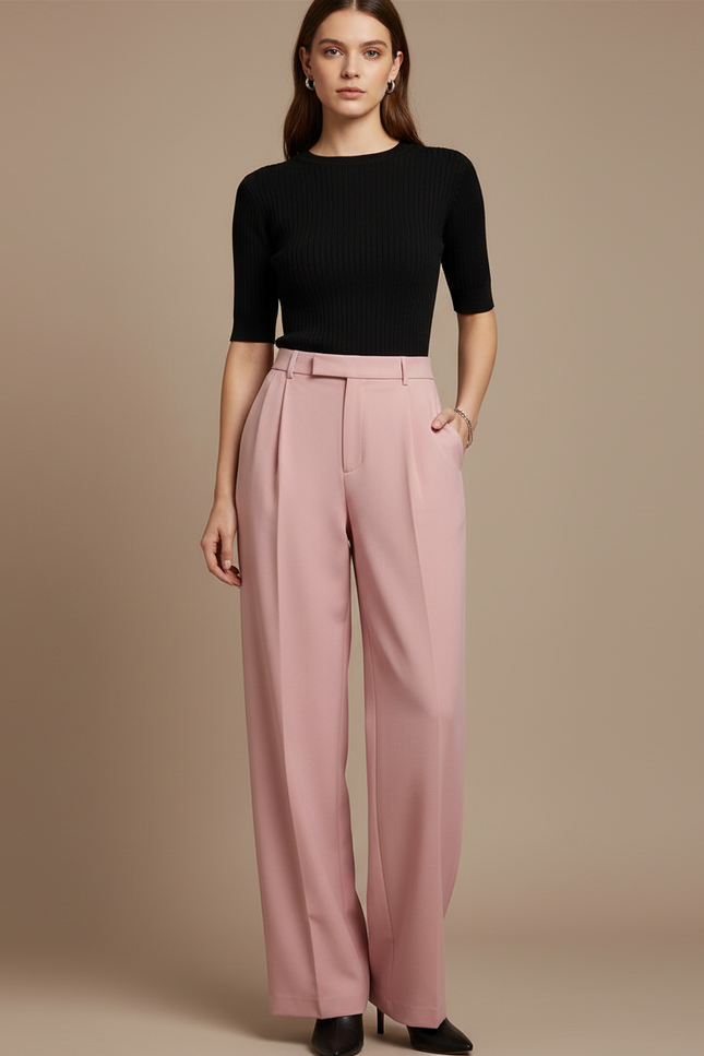 Pantalon Fluide Rose Taille Haute Ample Plissé Élégant - Viscose