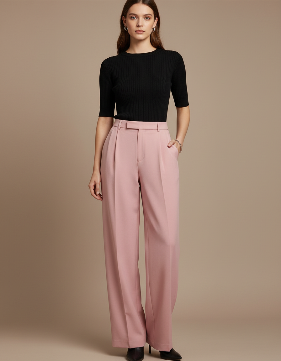 Pantalon Fluide Rose Taille Haute Ample Plissé Élégant - Viscose