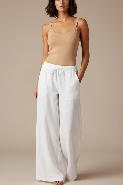 Pantalon Fluide Blanc Lin Ample Taille Élastique