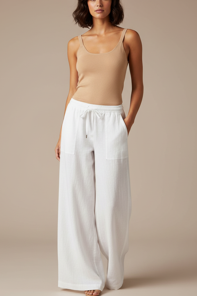 Pantalon Fluide Blanc Lin Ample Taille Élastique