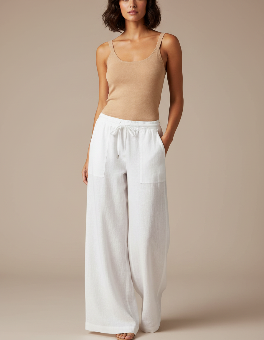 Pantalon Fluide Blanc Lin Ample Taille Élastique
