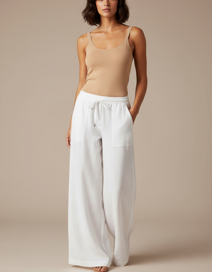 Pantalon Fluide Blanc Lin Ample Taille Élastique